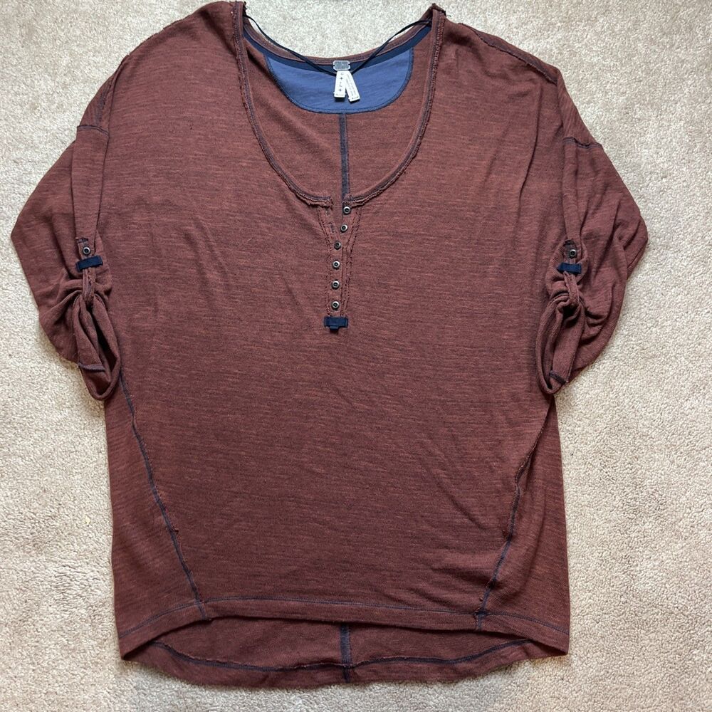 Free People Henley Top Large We The Free Oversized Boho Red Slub Knit Grunge Y2K